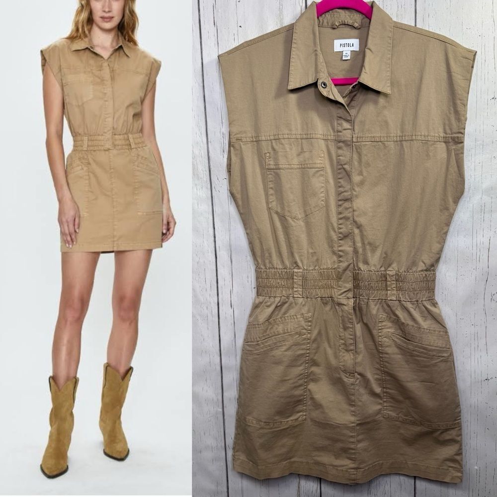 Pistola Utility Shirt Mini Dress Tan Sleeveless Cargo Western Cinch Waist Size M